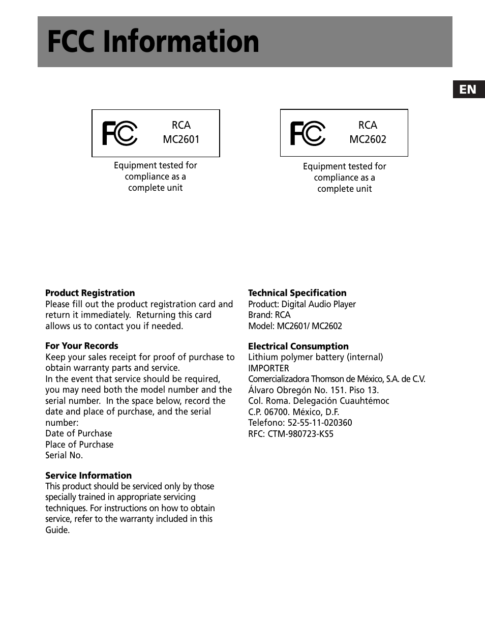 Fcc information | RCA MC2602 User Manual | Page 3 / 49