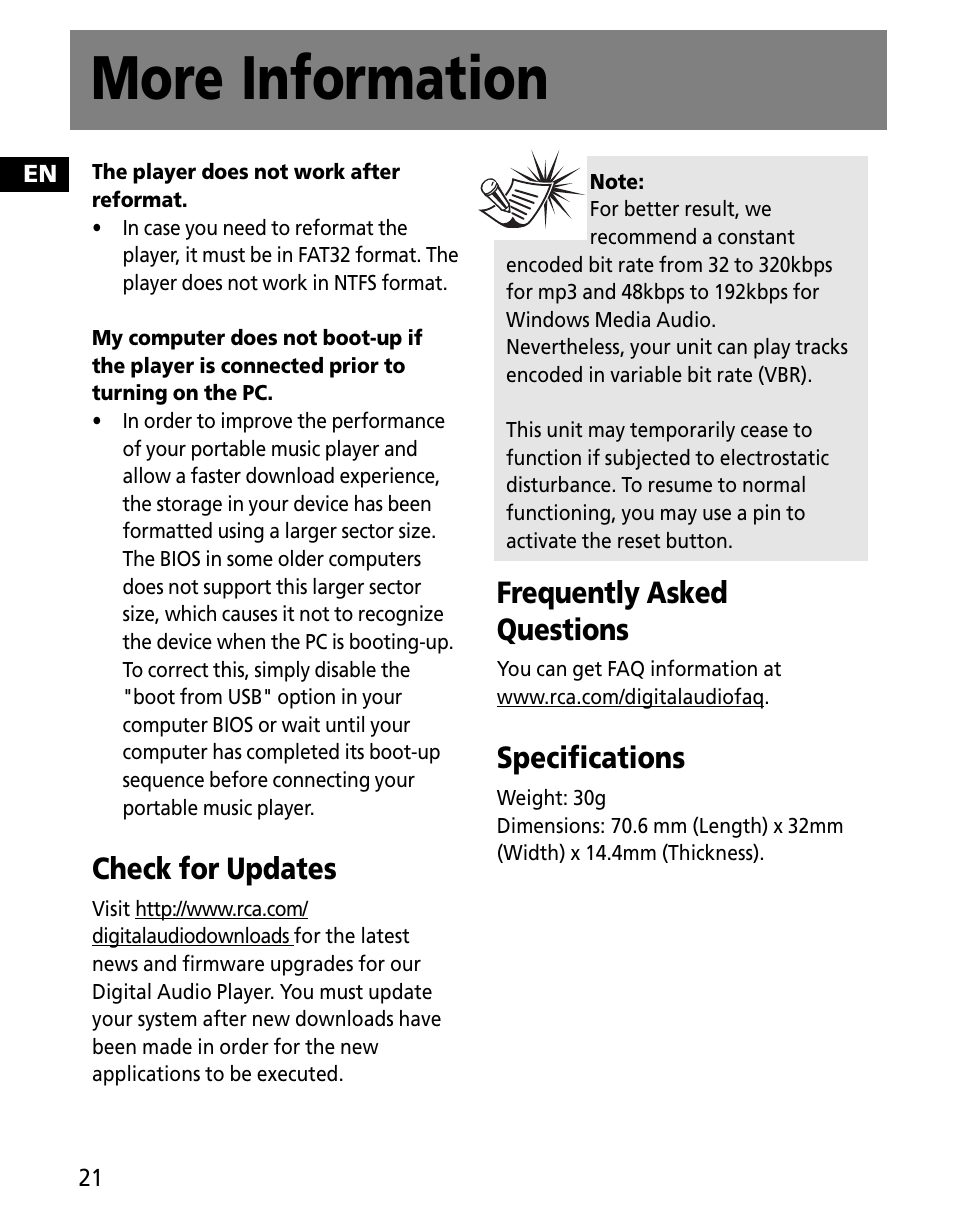 More information, Check for updates, Frequently asked questions | Specifications | RCA MC2602 User Manual | Page 30 / 49