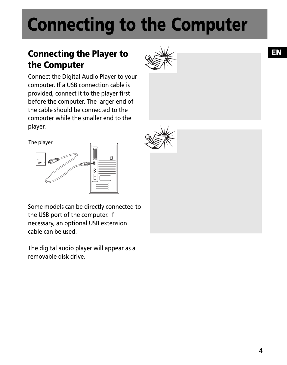 Connecting to the computer, Connecting the player to the computer | RCA MC2602 User Manual | Page 41 / 49