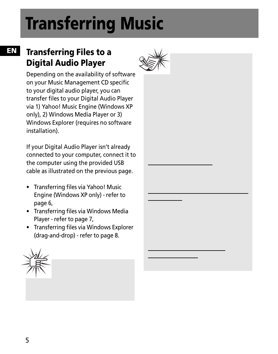 Transferring music, Transferring files to a digital audio player | RCA MC2602 User Manual | Page 42 / 49