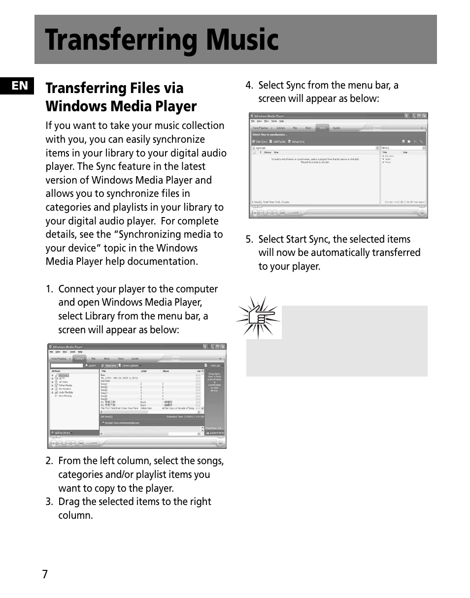 Transferring music, Transferring files via windows media player | RCA MC2602 User Manual | Page 44 / 49