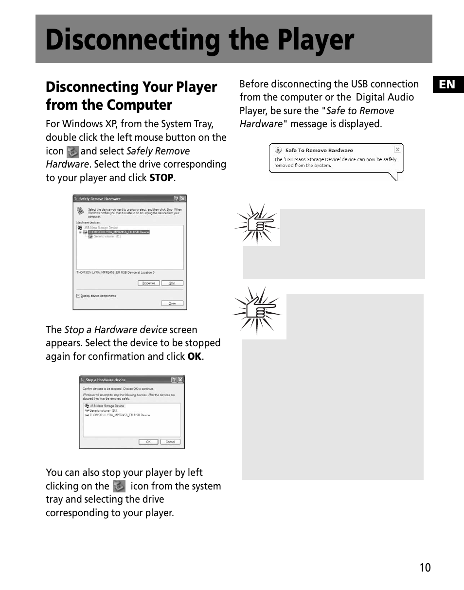 Disconnecting the player, Disconnecting your player from the computer | RCA MC2602 User Manual | Page 47 / 49