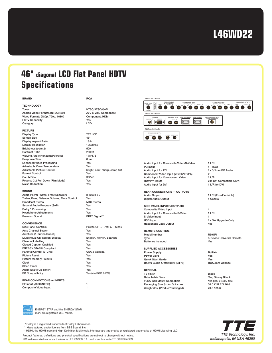 L46wd22, Lcd flat panel hdtv specifications, Diagonal | RCA L46WD22 User Manual | Page 2 / 2