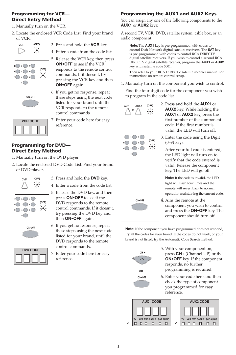 Programming for vcr— direct entry method, Programming for dvd— direct entry method, Programming the aux1 and aux2 keys | RCA D771 User Manual | Page 3 / 6