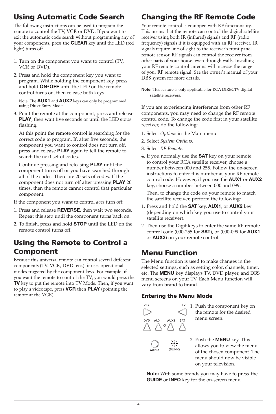 Using automatic code search, Using the remote to control a component, Changing the rf remote code | Menu function | RCA D771 User Manual | Page 4 / 6