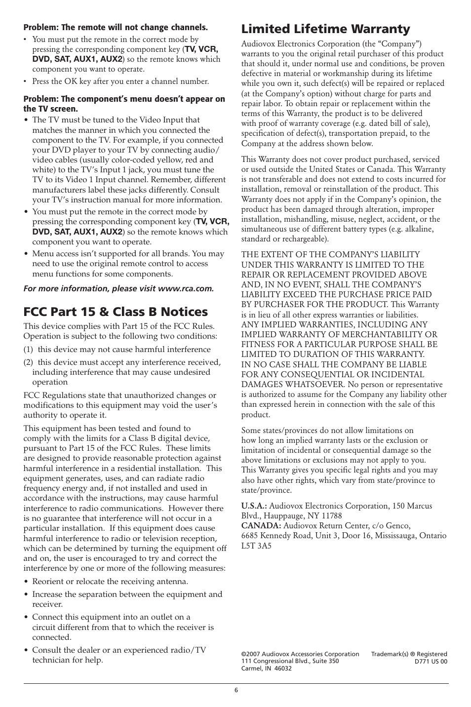 Limited lifetime warranty, Fcc part 15 & class b notices | RCA D771 User Manual | Page 6 / 6