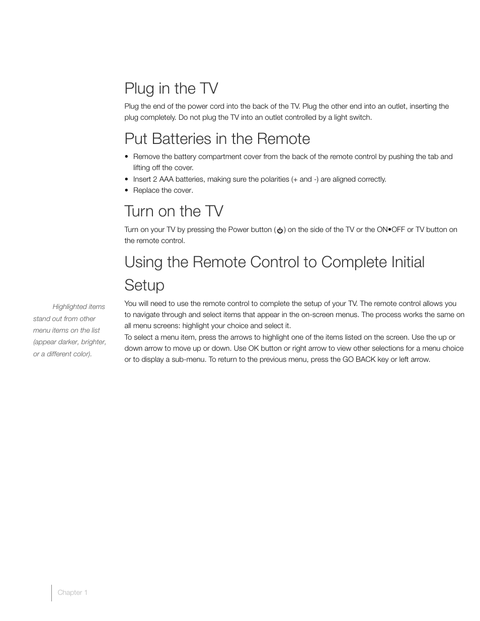 Plug in the tv, Put batteries in the remote, Turn on the tv | Using the remote control to complete initial setup | RCA L22HD41 User Manual | Page 14 / 40