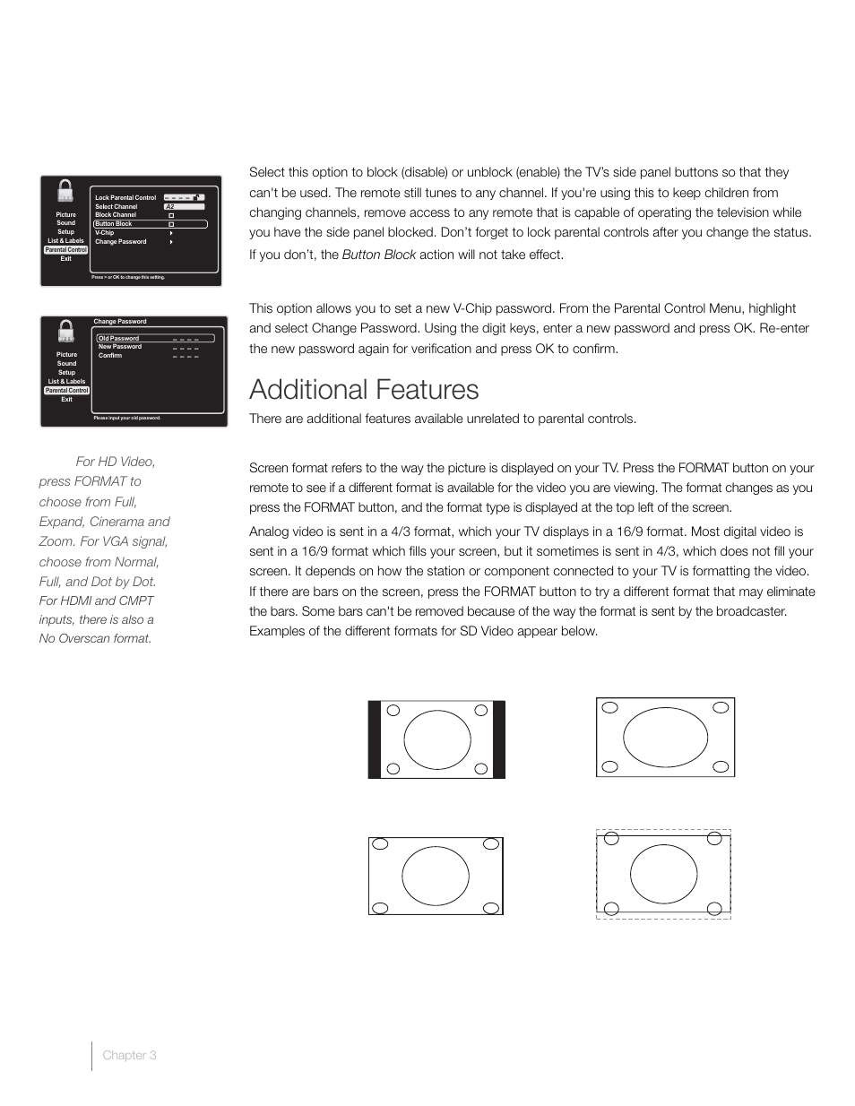 Additional features, Block buttons, Change password | Screen formats | RCA L22HD41 User Manual | Page 24 / 40