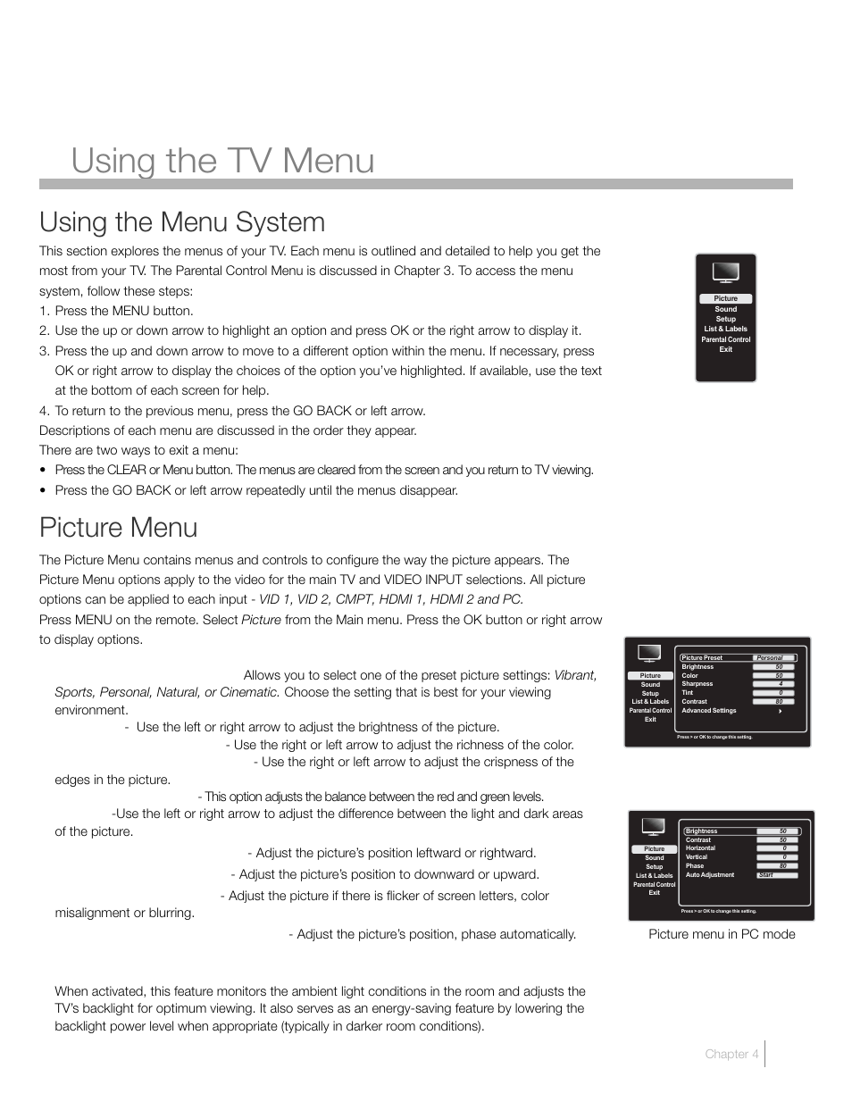 4 using the tv menu, Using the menu system, Picture menu | RCA L22HD41 User Manual | Page 25 / 40