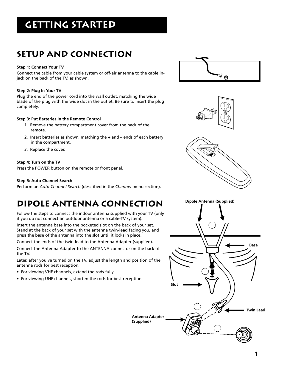 Getting started, Setup and connection, Dipole antenna connection | RCA E13319 User Manual | Page 3 / 16