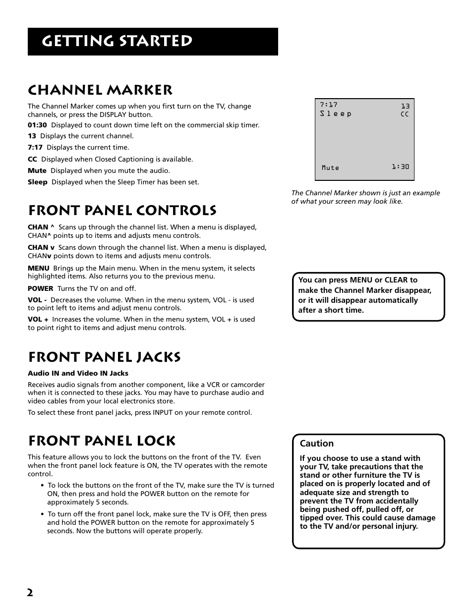 Getting started, Channel marker, Front panel controls | Front panel jacks, Front panel lock | RCA E13319 User Manual | Page 4 / 16
