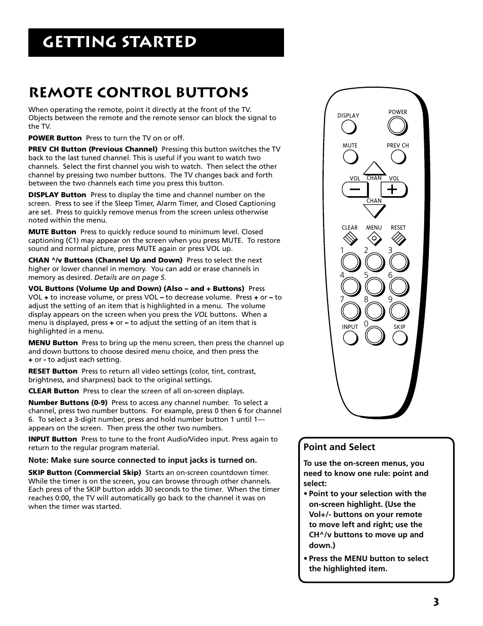 Getting started, Remote control buttons | RCA E13319 User Manual | Page 5 / 16