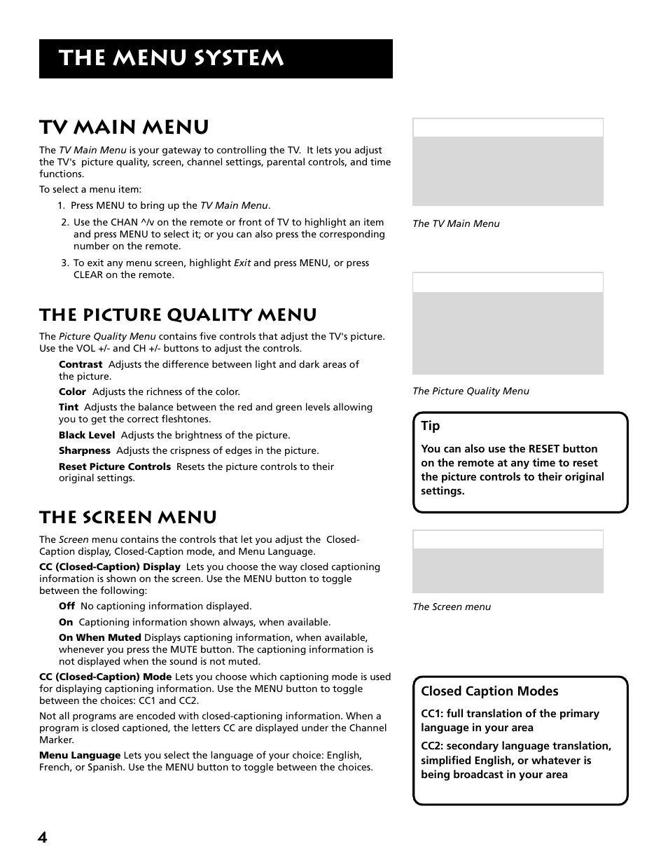 The menu system, Tv main menu, The picture quality menu | The screen menu | RCA E13319 User Manual | Page 6 / 16