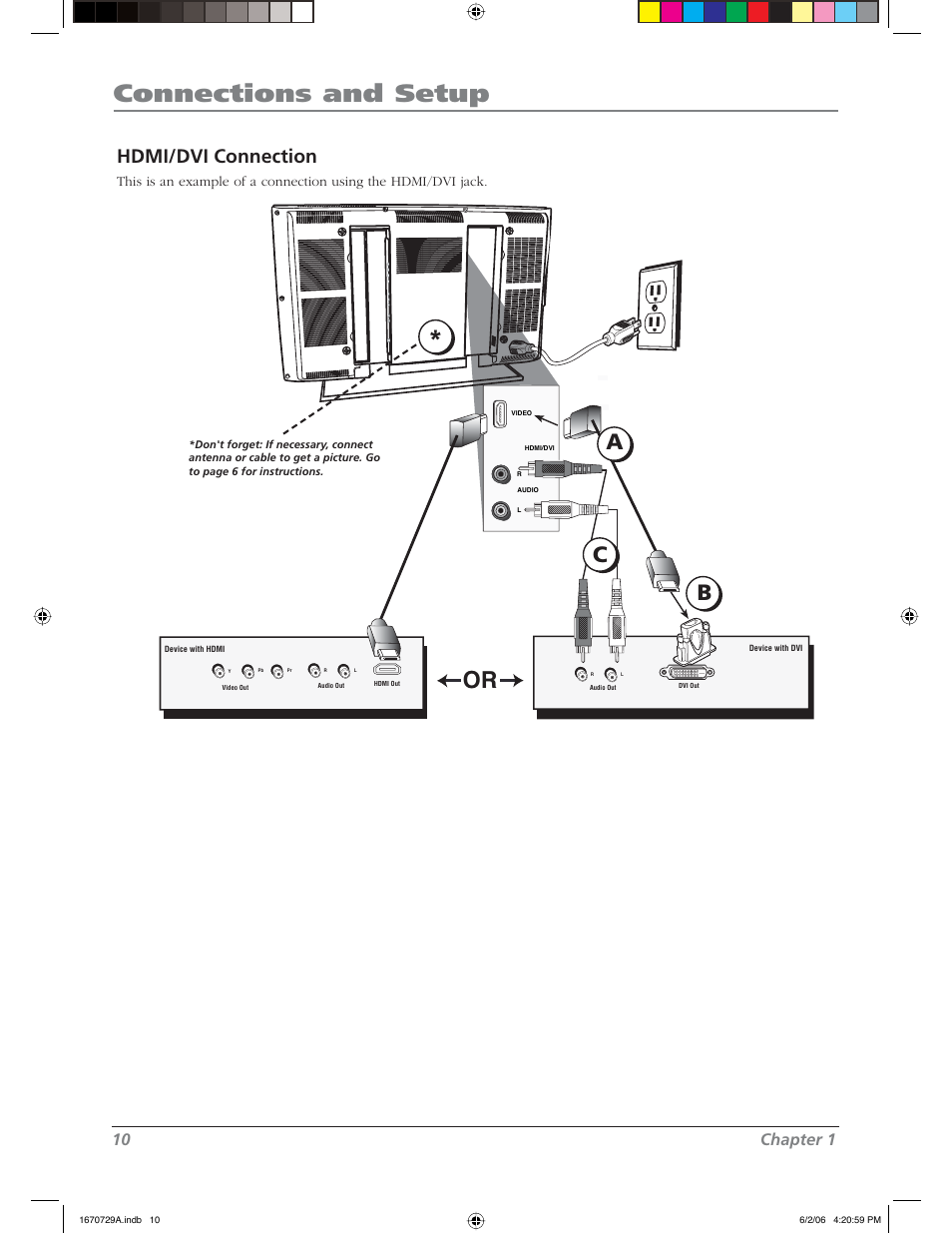 Connections and setup, Hdmi/dvi connection, 10 chapter 1 | RCA L37WD12 User Manual | Page 10 / 48