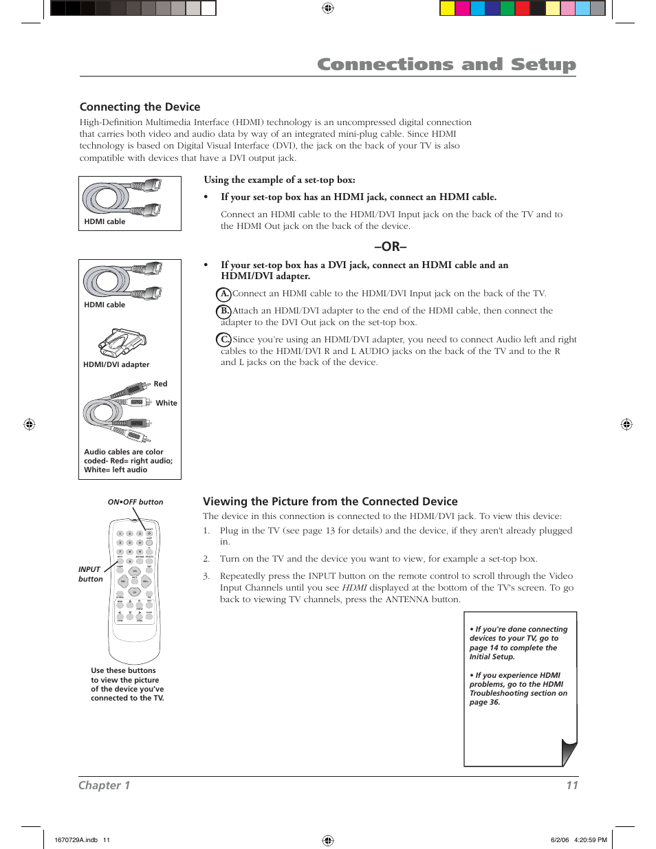 Connections and setup, Chapter 1 11, Connecting the device | Viewing the picture from the connected device | RCA L37WD12 User Manual | Page 11 / 48