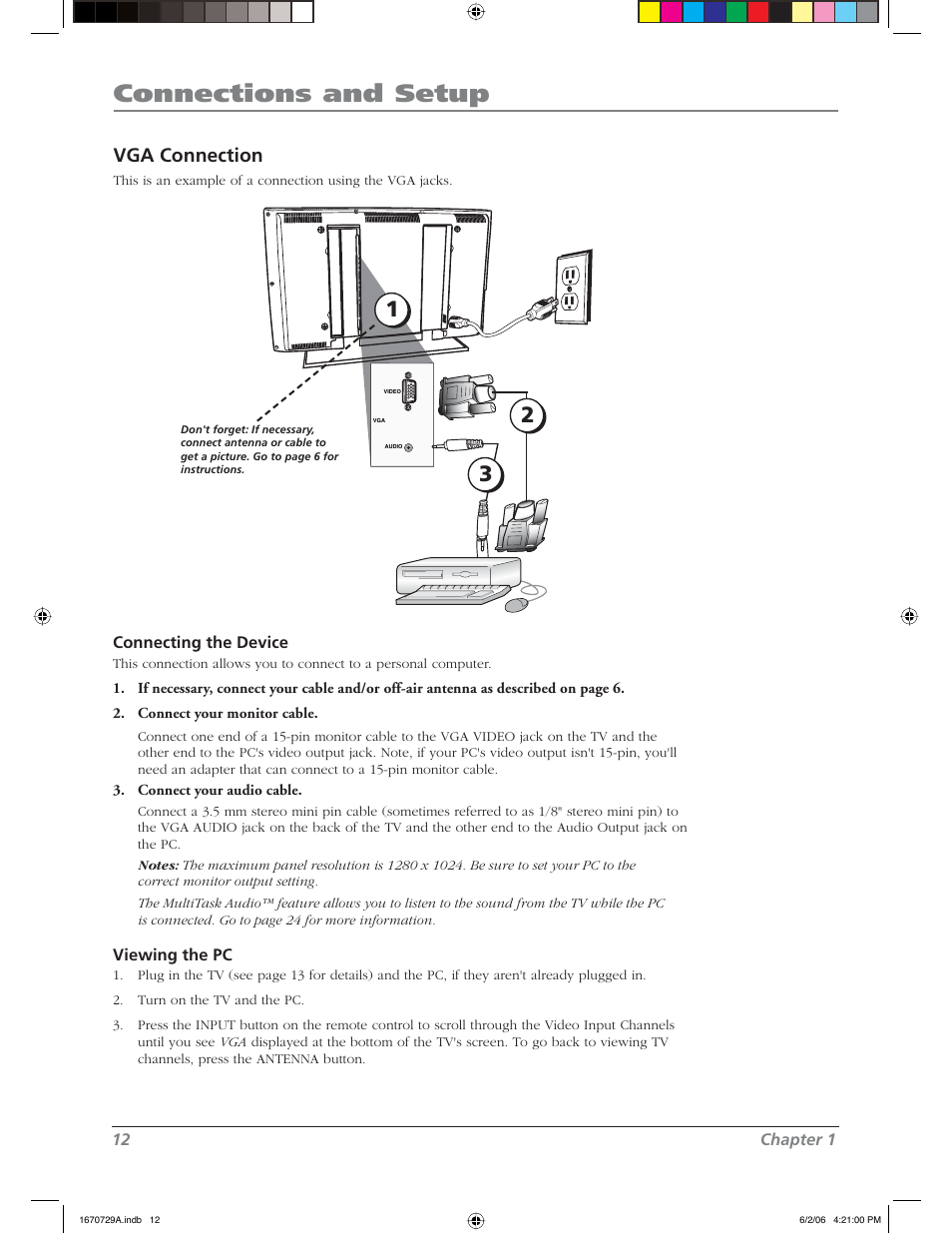 Connections and setup, Vga connection | RCA L37WD12 User Manual | Page 12 / 48
