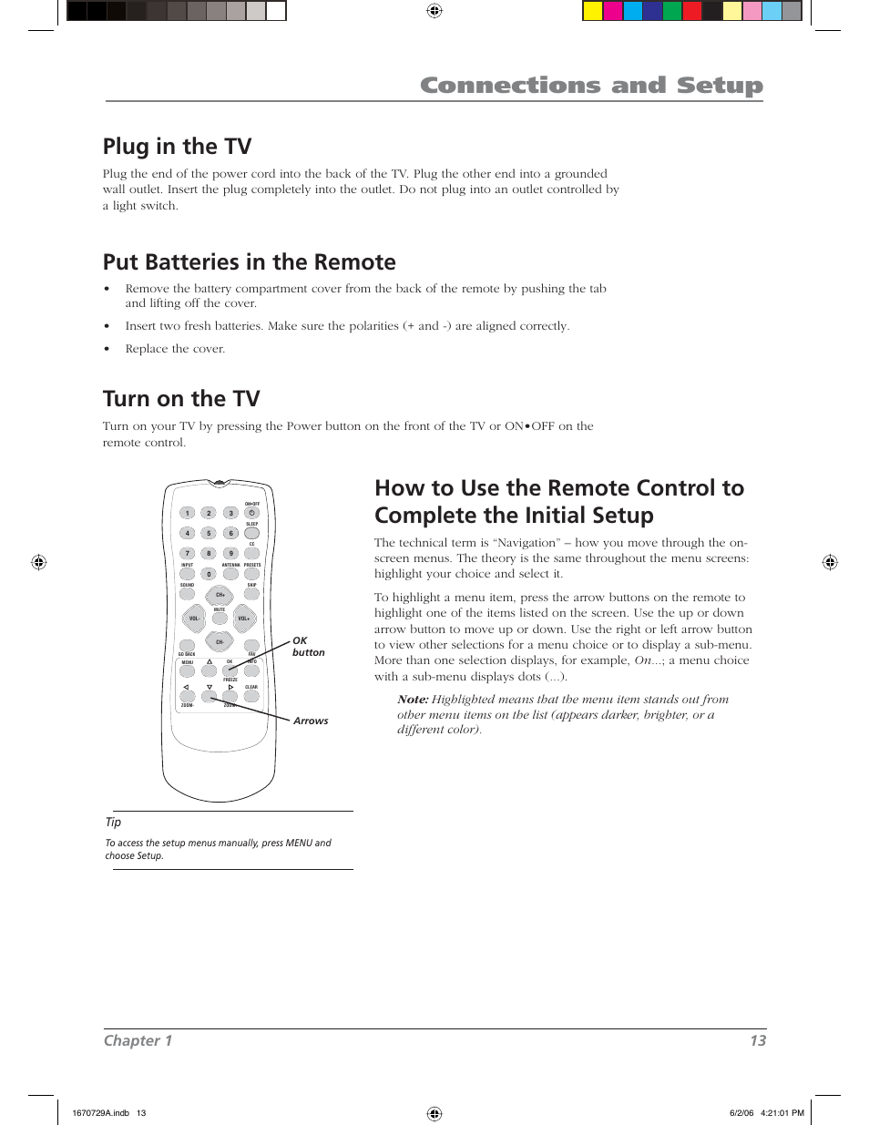 Connections and setup, Plug in the tv, Put batteries in the remote | Turn on the tv, Chapter 1 13 | RCA L37WD12 User Manual | Page 13 / 48