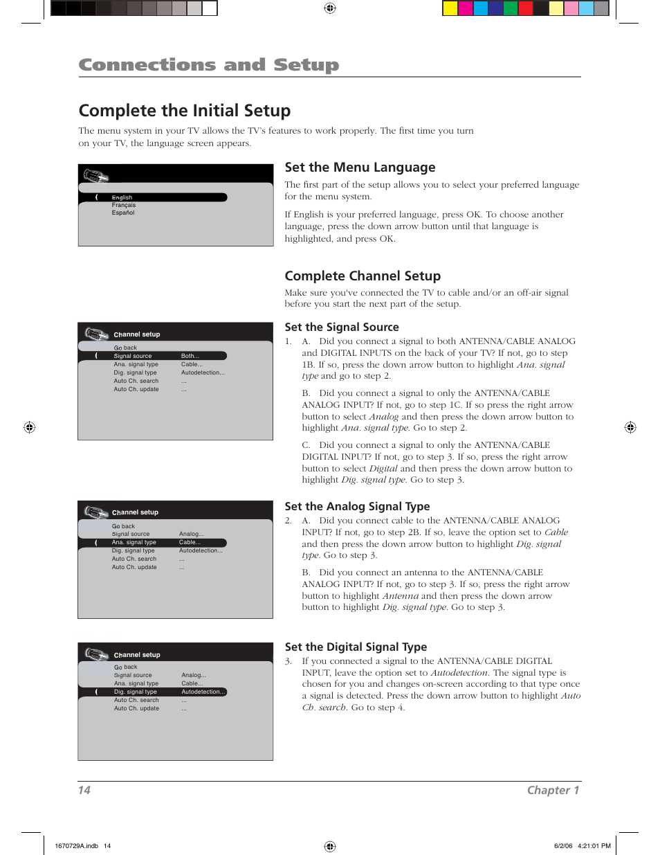 Connections and setup, Complete the initial setup, Set the menu language | Complete channel setup, 14 chapter 1, Set the signal source, Set the analog signal type, Set the digital signal type | RCA L37WD12 User Manual | Page 14 / 48