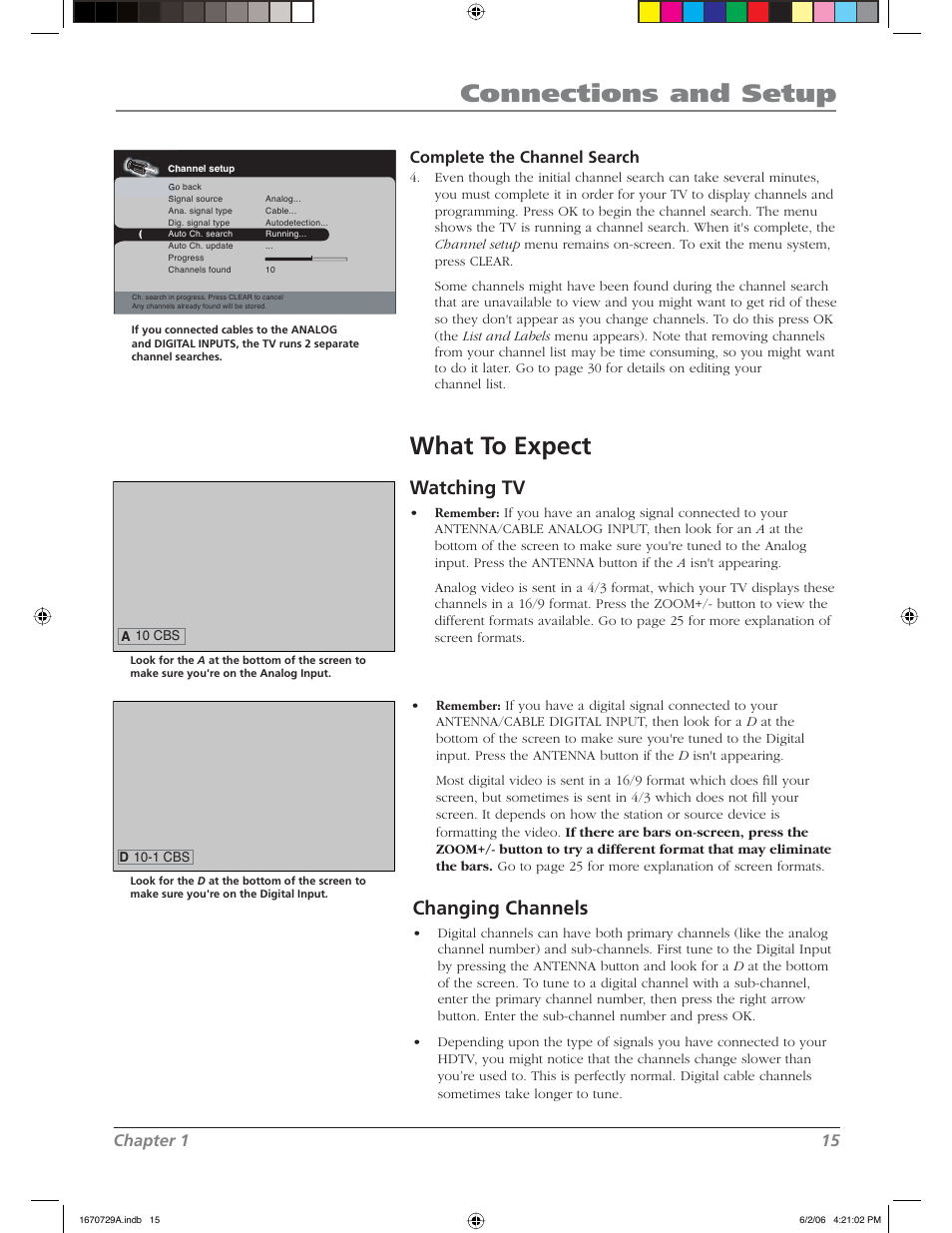 Connections and setup, What to expect, Watching tv | Changing channels, Chapter 1 15 complete the channel search | RCA L37WD12 User Manual | Page 15 / 48