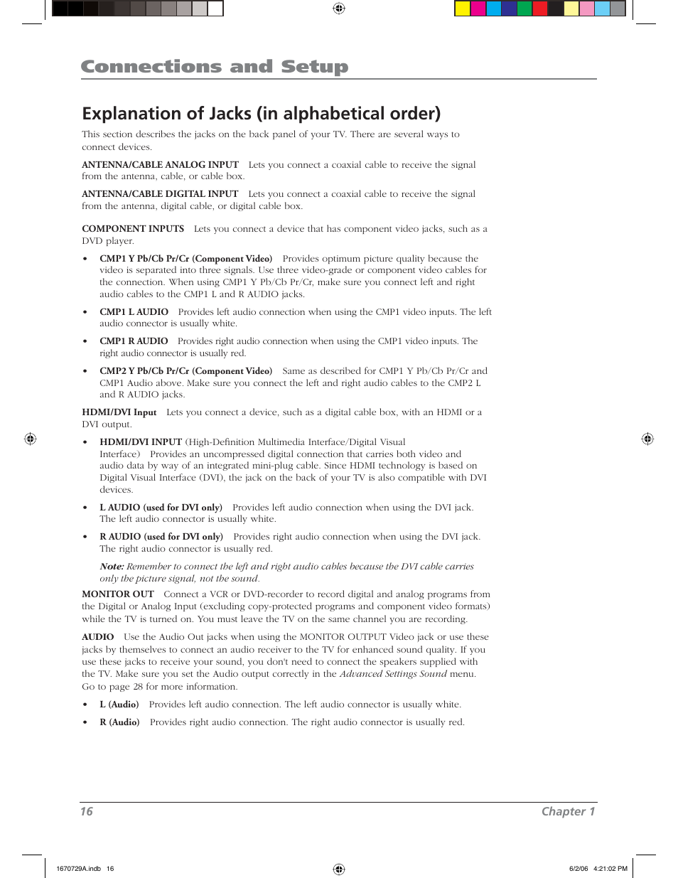 Connections and setup, Explanation of jacks (in alphabetical order) | RCA L37WD12 User Manual | Page 16 / 48