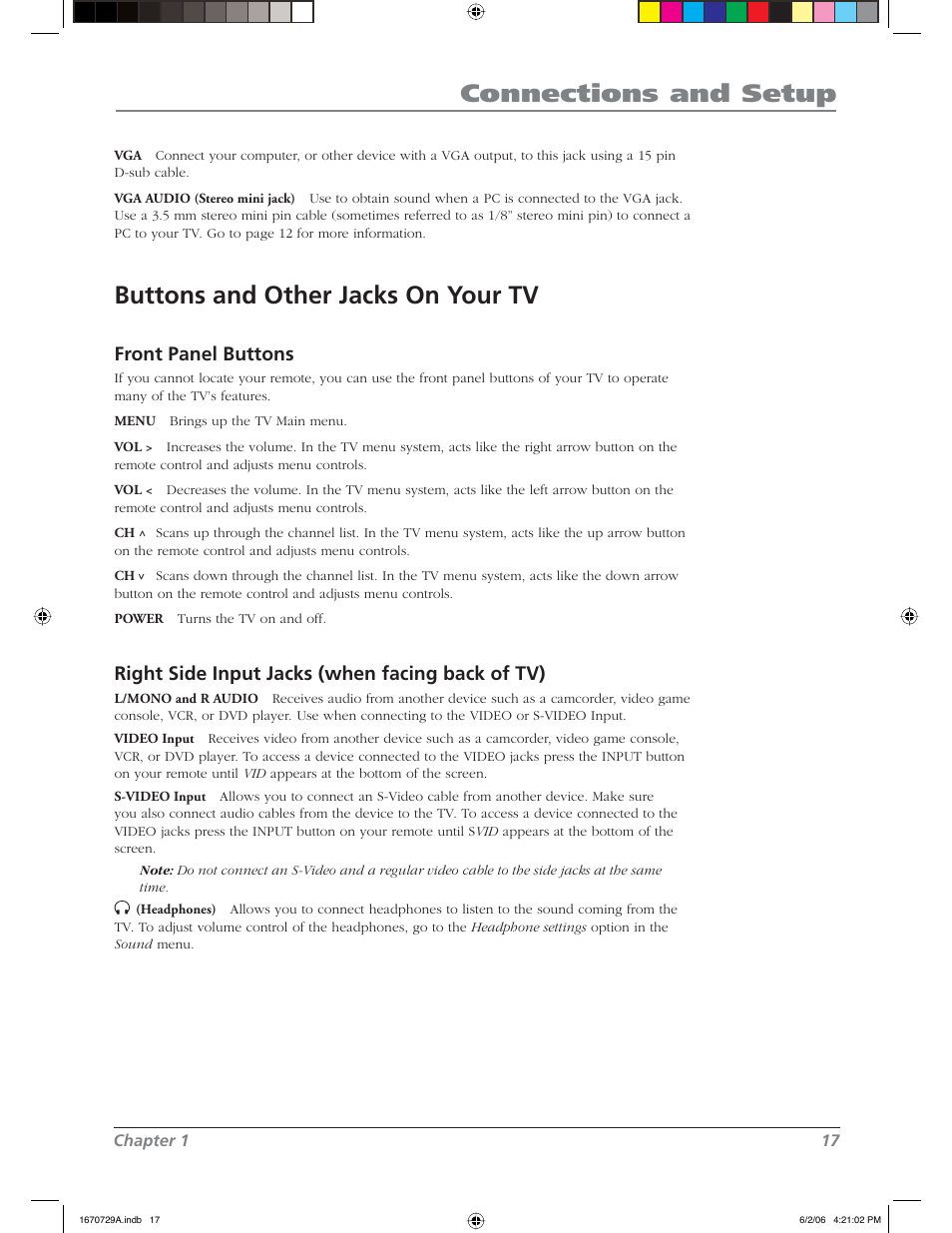 Connections and setup, Buttons and other jacks on your tv, Front panel buttons | Right side input jacks (when facing back of tv) | RCA L37WD12 User Manual | Page 17 / 48