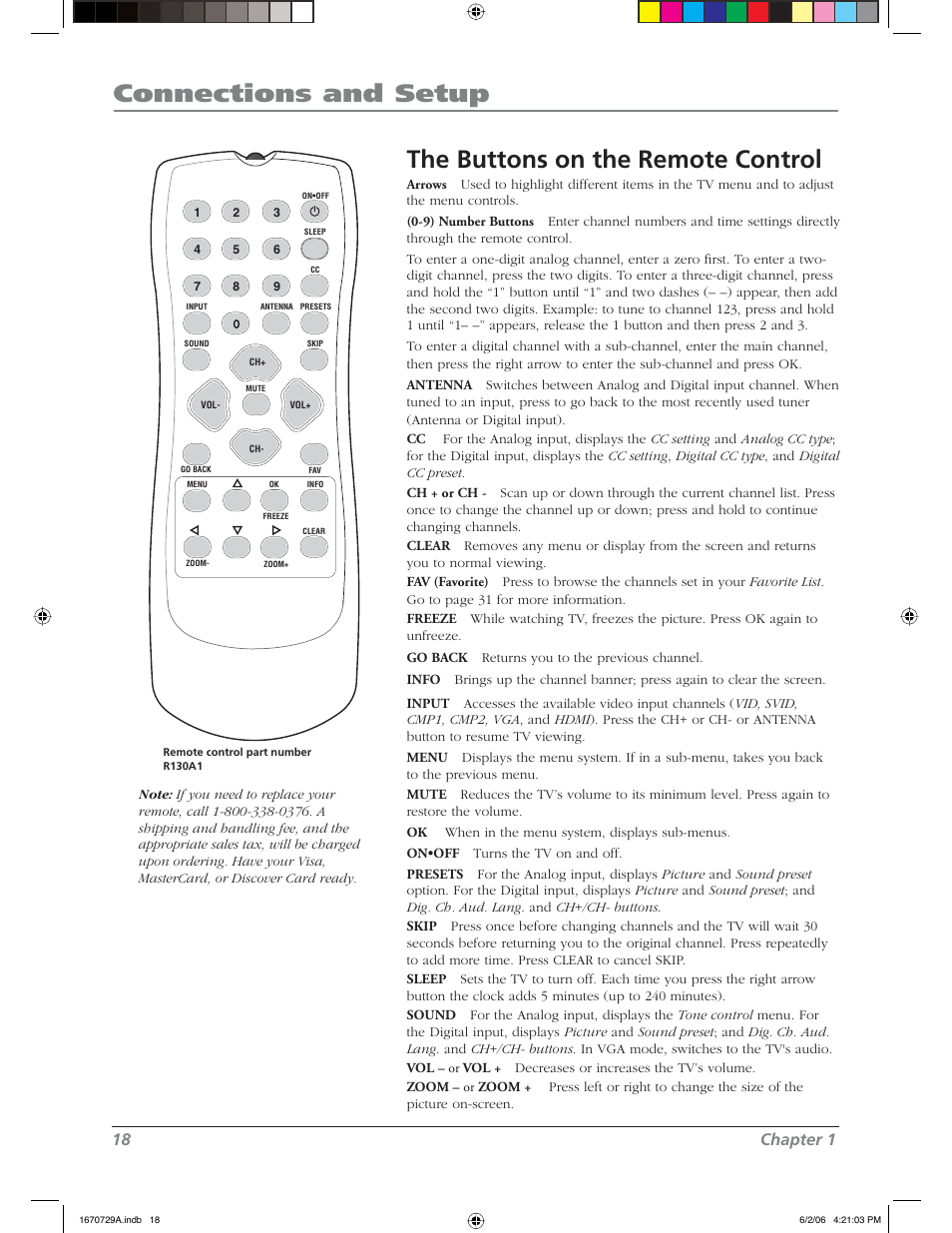 Connections and setup, The buttons on the remote control, 18 chapter 1 | RCA L37WD12 User Manual | Page 18 / 48