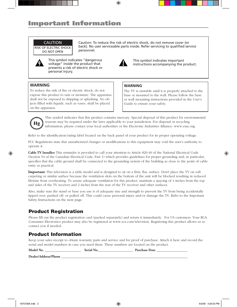 Important information, Product registration, Product information | RCA L37WD12 User Manual | Page 2 / 48