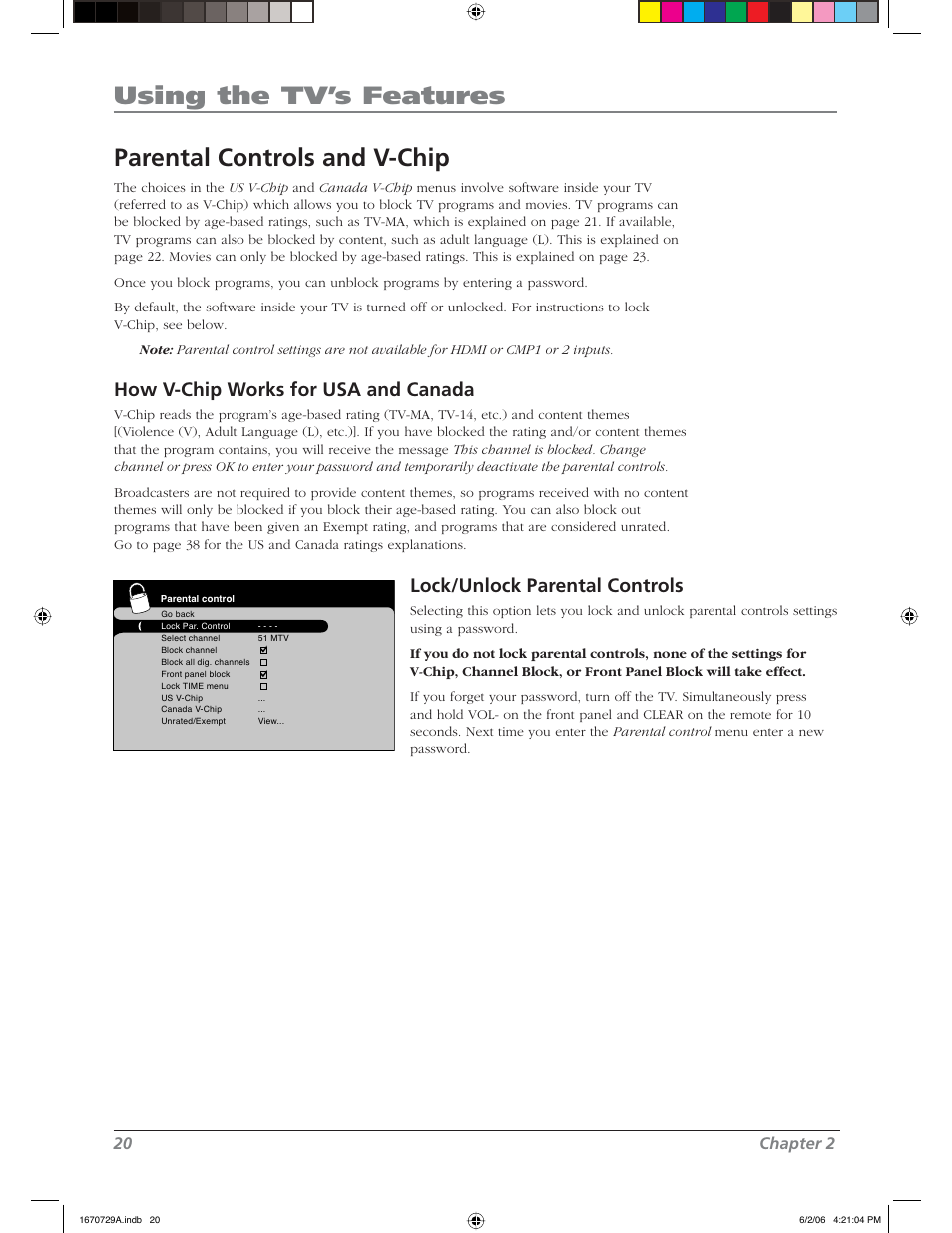 Using the tv’s features, Parental controls and v-chip, How v- chip works for usa and canada | Lock/unlock parental controls, 20 chapter 2 | RCA L37WD12 User Manual | Page 20 / 48