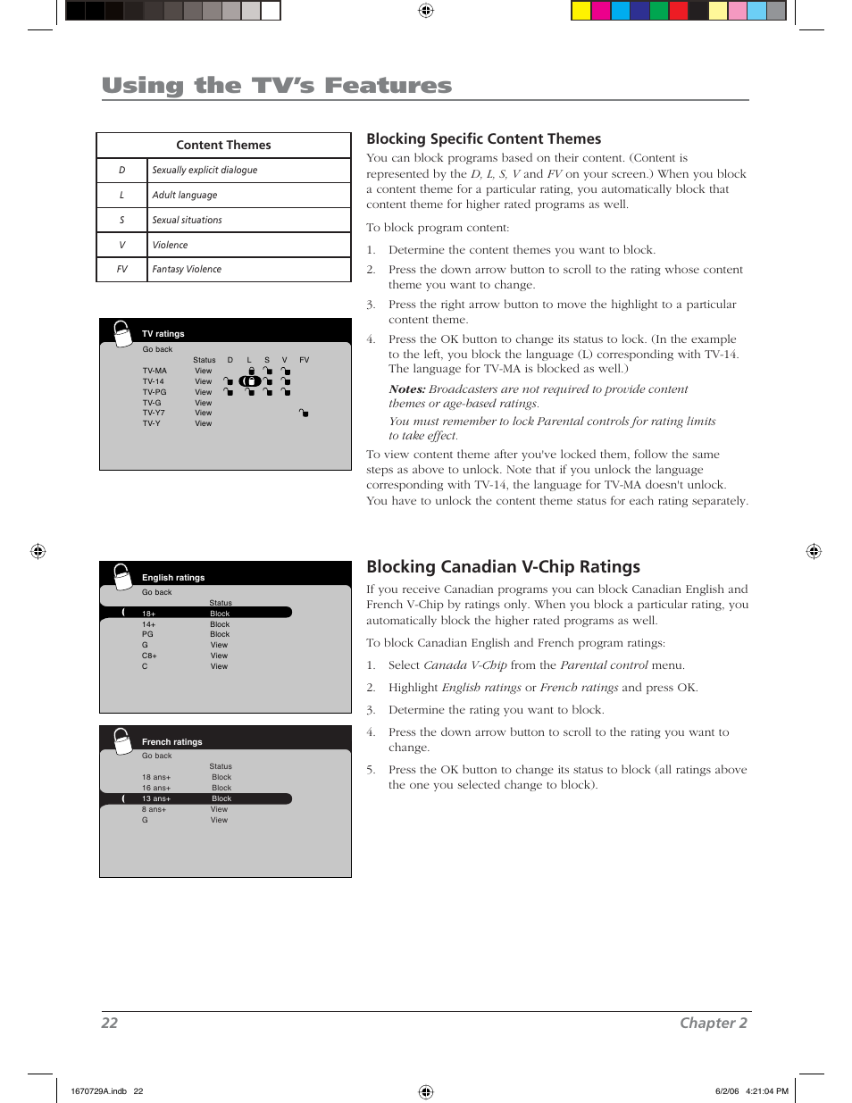 Using the tv’s features, Blocking canadian v-chip ratings, 22 chapter 2 | Blocking specifi c content themes | RCA L37WD12 User Manual | Page 22 / 48