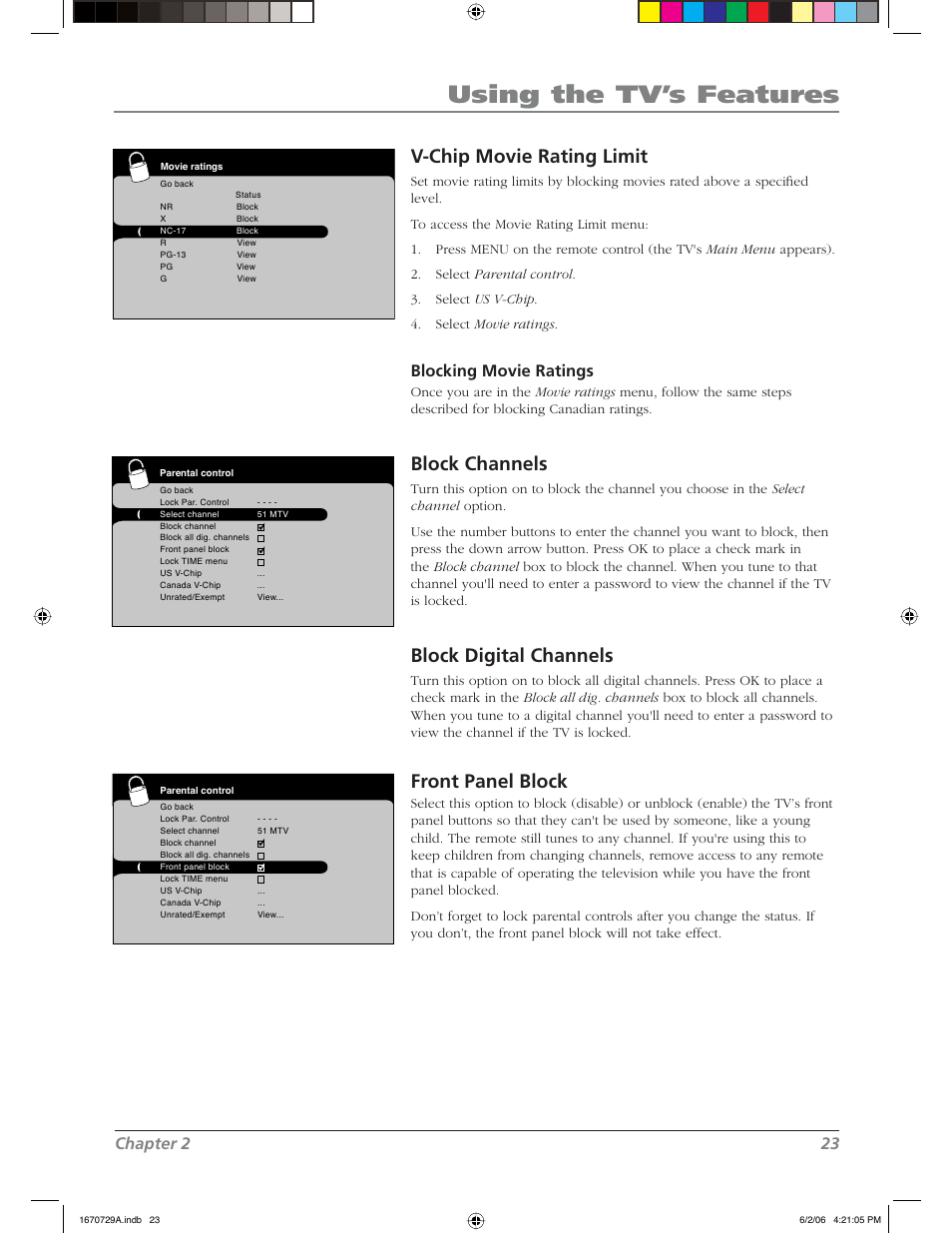 Using the tv’s features, V-chip movie rating limit, Block channels | Block digital channels, Front panel block, Chapter 2 23, Blocking movie ratings | RCA L37WD12 User Manual | Page 23 / 48