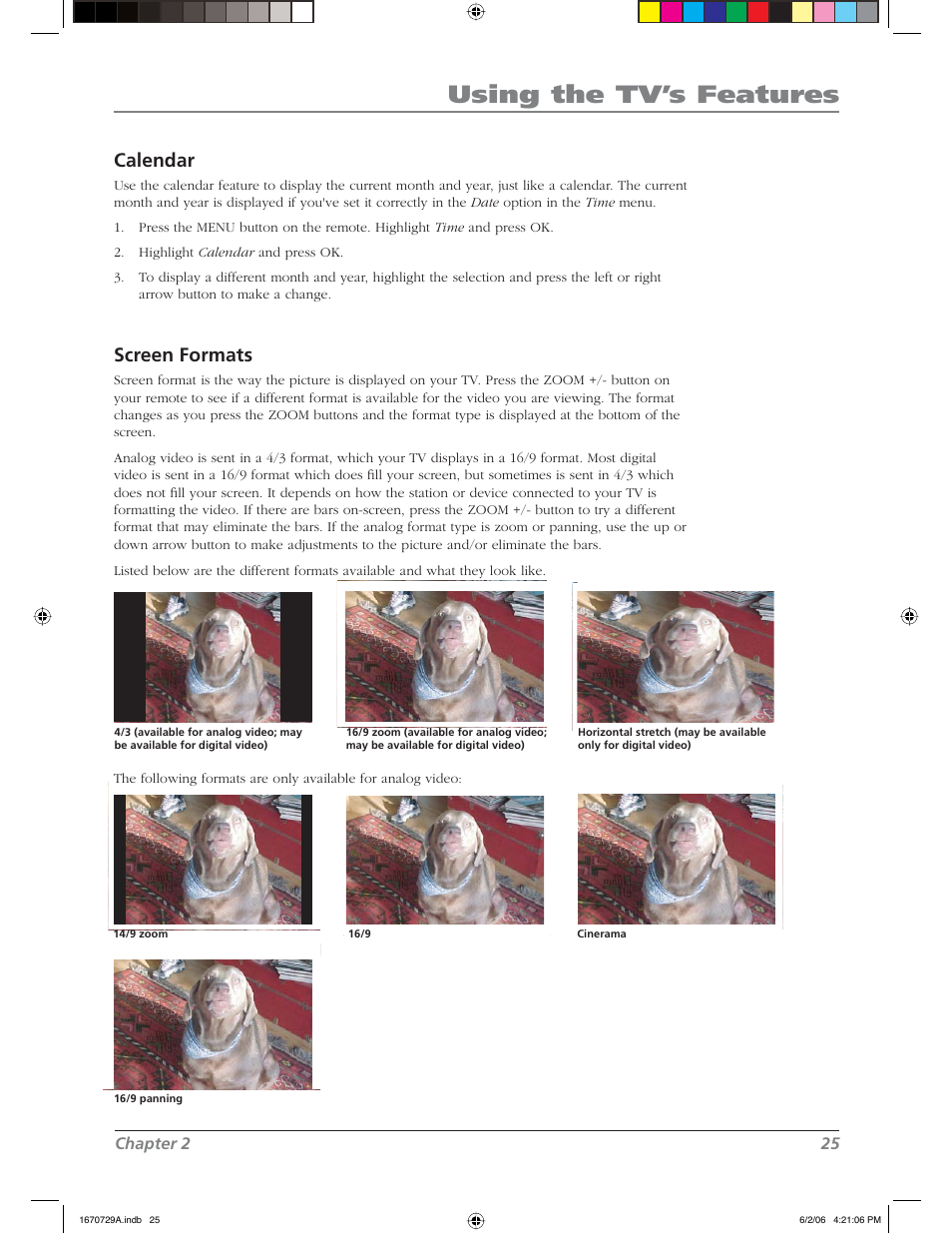 Using the tv’s features, Calendar, Screen formats | RCA L37WD12 User Manual | Page 25 / 48