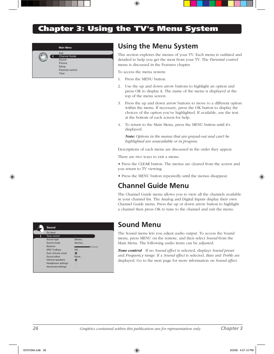 Channel guide menu, Sound menu, 26 chapter 3 | RCA L37WD12 User Manual | Page 26 / 48