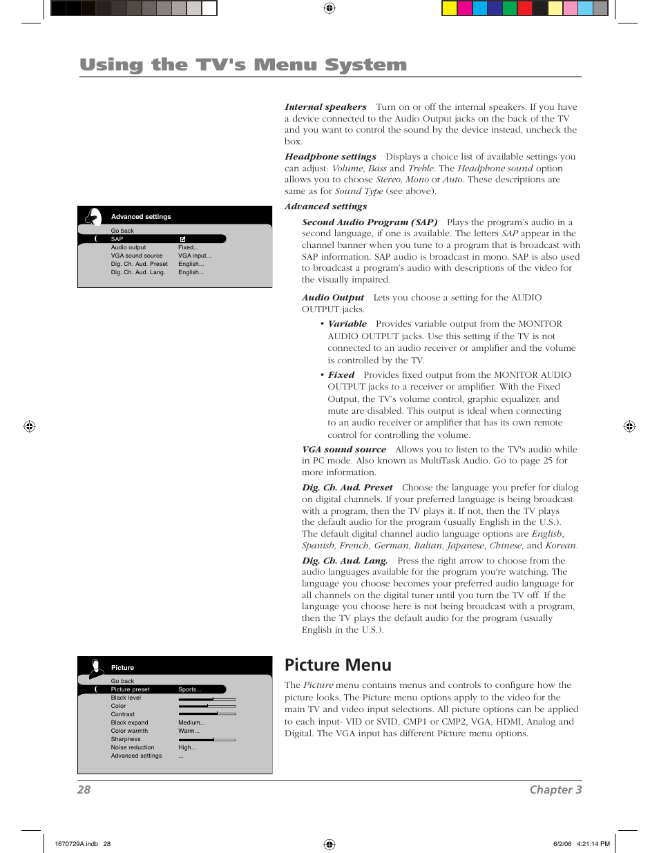 Using the tv's menu system, Picture menu, 28 chapter 3 | RCA L37WD12 User Manual | Page 28 / 48