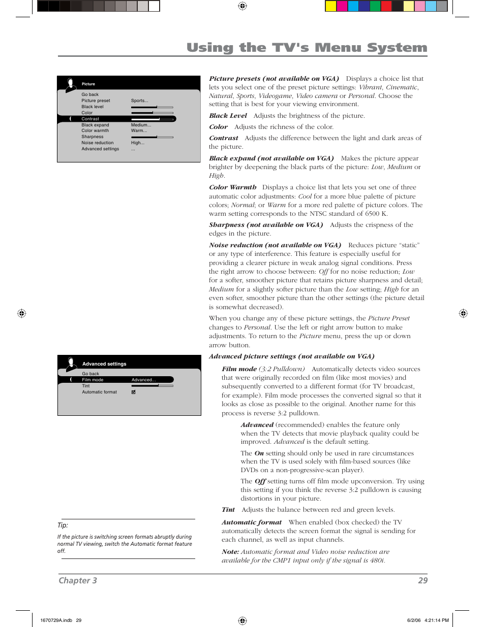 Using the tv's menu system, Chapter 3 29 | RCA L37WD12 User Manual | Page 29 / 48