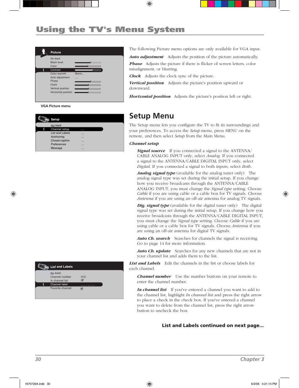 Using the tv's menu system, Setup menu, 30 chapter 3 | List and labels continued on next page | RCA L37WD12 User Manual | Page 30 / 48