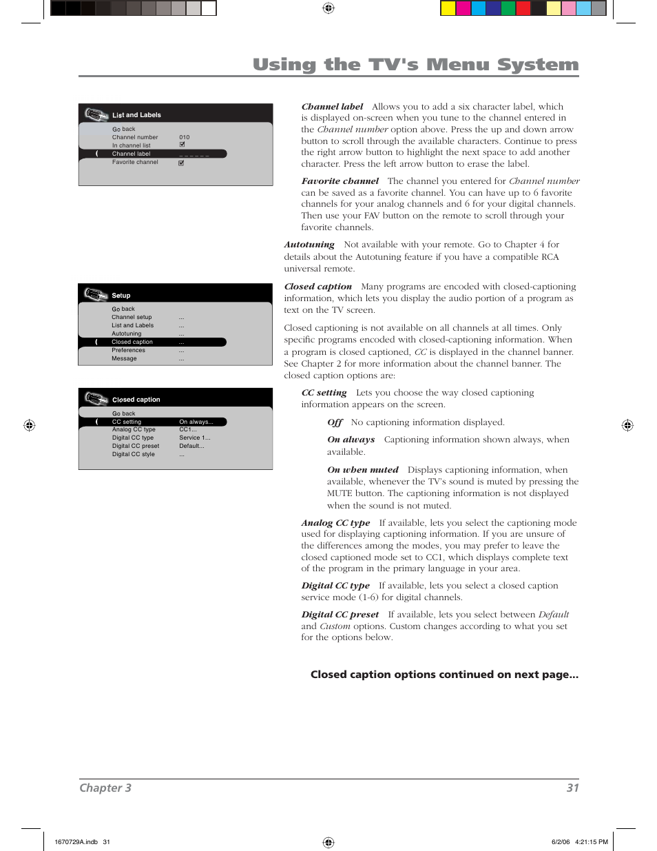 Using the tv's menu system, Chapter 3 31, Closed caption options continued on next page | RCA L37WD12 User Manual | Page 31 / 48