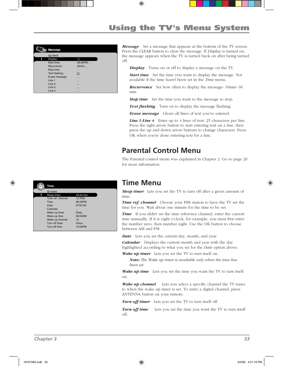 Using the tv's menu system, Parental control menu, Time menu | Chapter 3 33 | RCA L37WD12 User Manual | Page 33 / 48