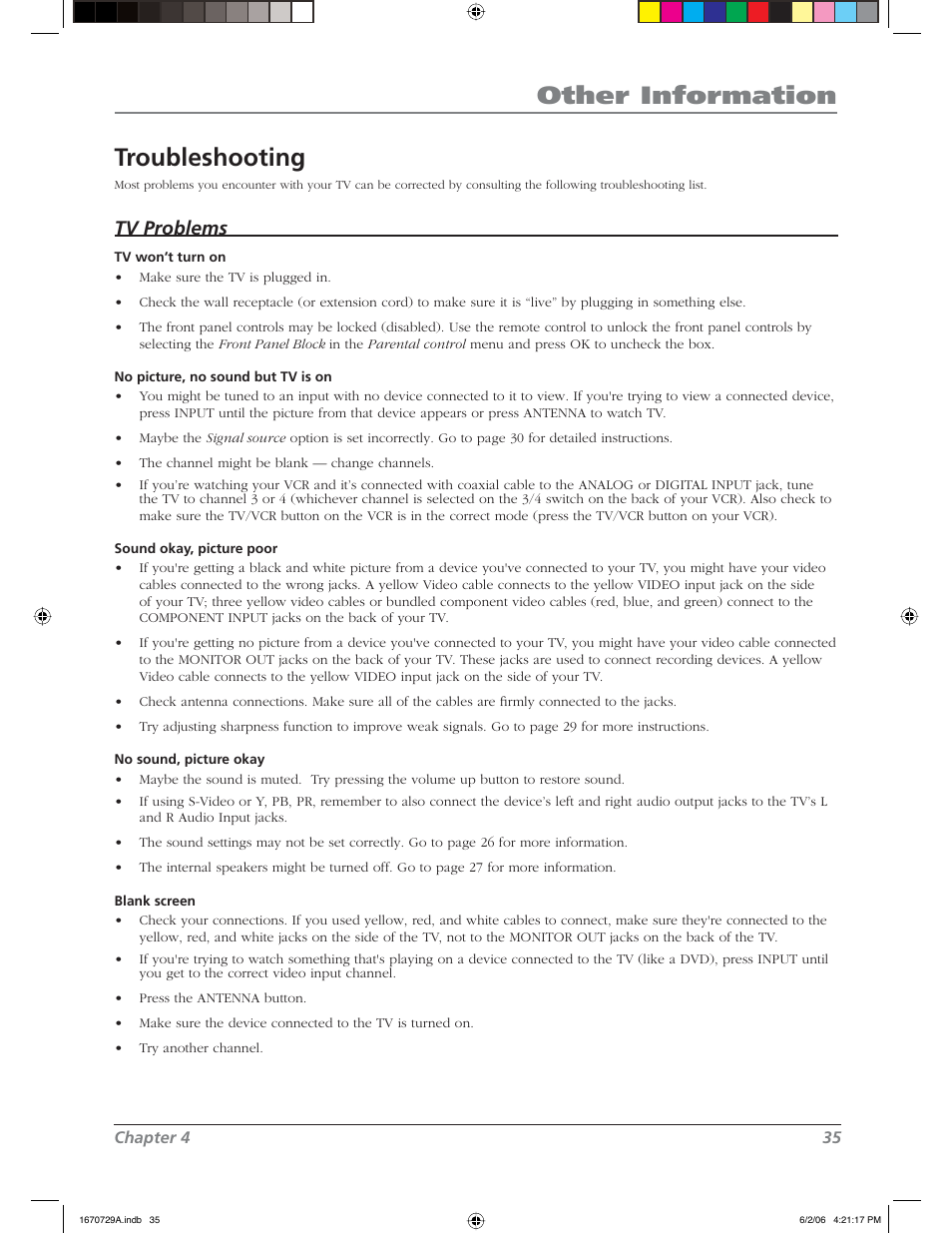 Other information troubleshooting, Tv problems | RCA L37WD12 User Manual | Page 35 / 48