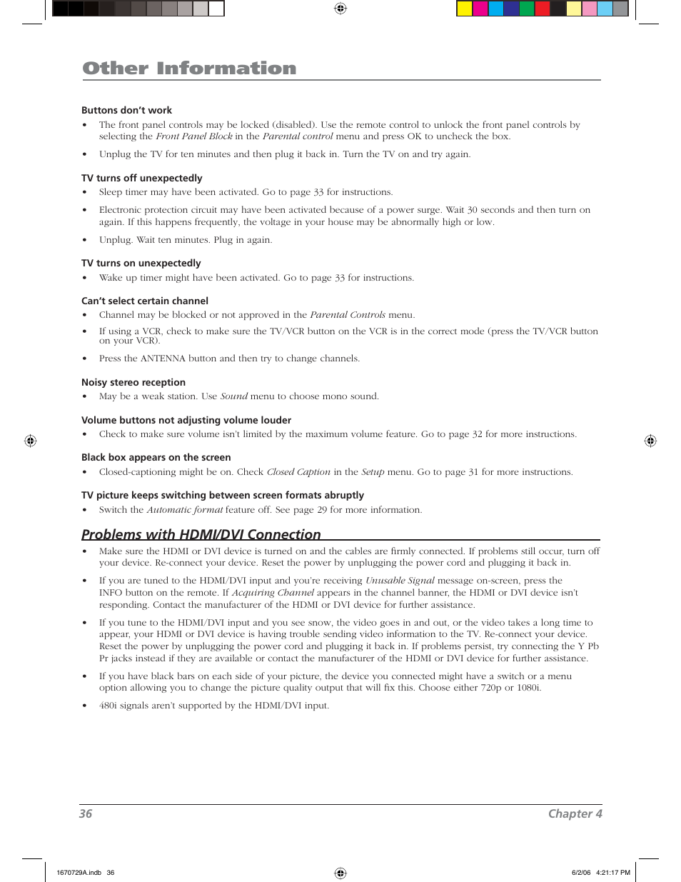 Other information, Problems with hdmi/dvi connection | RCA L37WD12 User Manual | Page 36 / 48