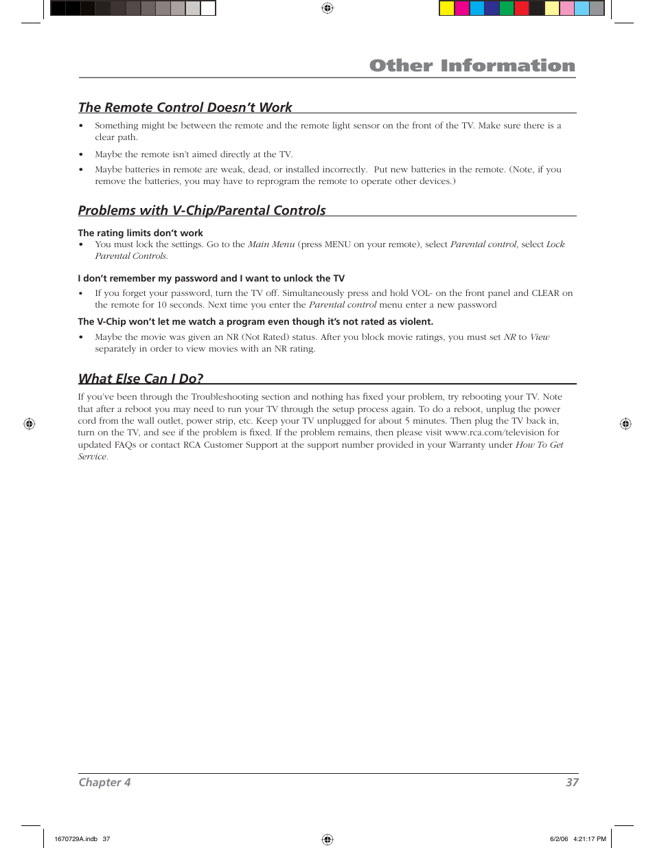 Other information, The remote control doesn’t work, Problems with v-chip/parental controls | What else can i do | RCA L37WD12 User Manual | Page 37 / 48