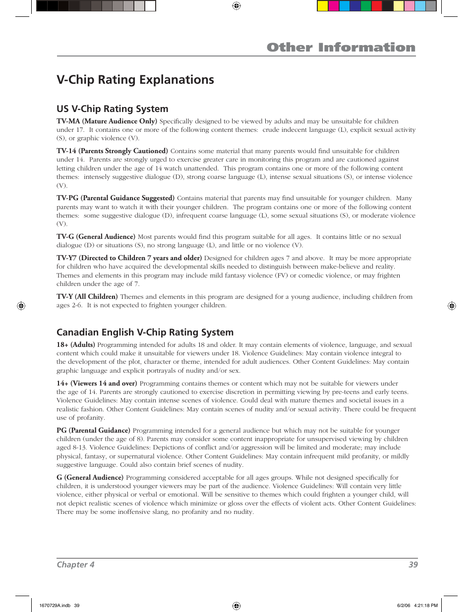 Other information v-chip rating explanations, Us v-chip rating system, Canadian english v-chip rating system | RCA L37WD12 User Manual | Page 39 / 48