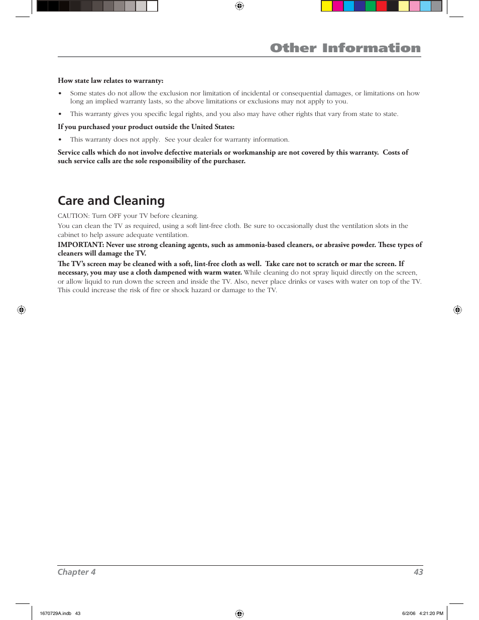 Other information, Care and cleaning | RCA L37WD12 User Manual | Page 43 / 48