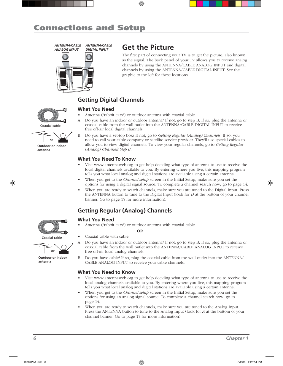 Connections and setup, Get the picture, Getting digital channels | Getting regular (analog) channels | RCA L37WD12 User Manual | Page 6 / 48