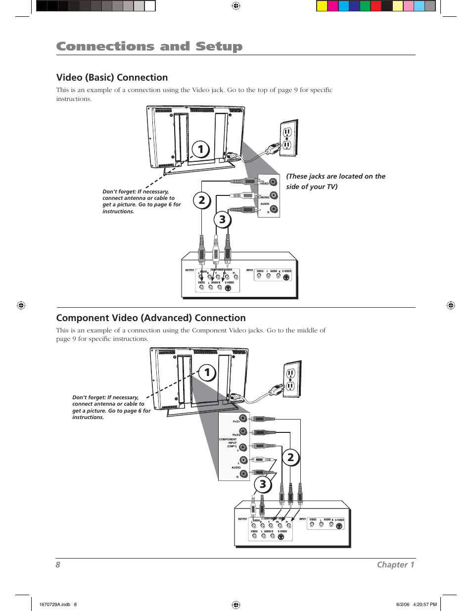 Connections and setup, Video (basic) connection, Component video (advanced) connection | 8chapter 1, These jacks are located on the side of your tv) | RCA L37WD12 User Manual | Page 8 / 48