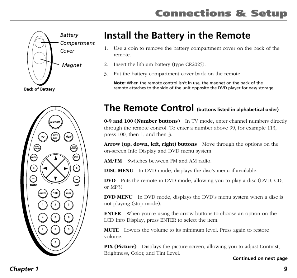 Connections & setup, Install the battery in the remote, The remote control | Chapter 1 9 | RCA BLD548 User Manual | Page 11 / 56