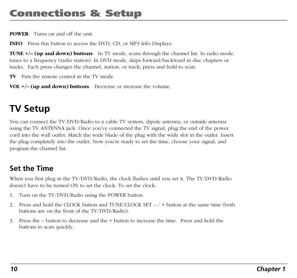 Connections & setup, Tv setup, Set the time | RCA BLD548 User Manual | Page 12 / 56