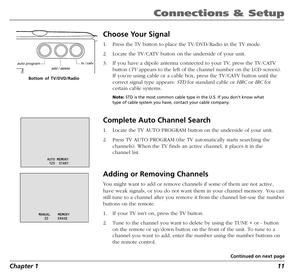 Connections & setup, Choose your signal, Complete auto channel search | Adding or removing channels | RCA BLD548 User Manual | Page 13 / 56