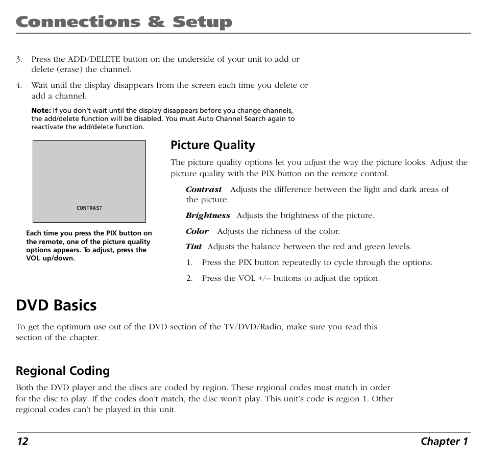 Connections & setup, Dvd basics, Regional coding | Picture quality | RCA BLD548 User Manual | Page 14 / 56