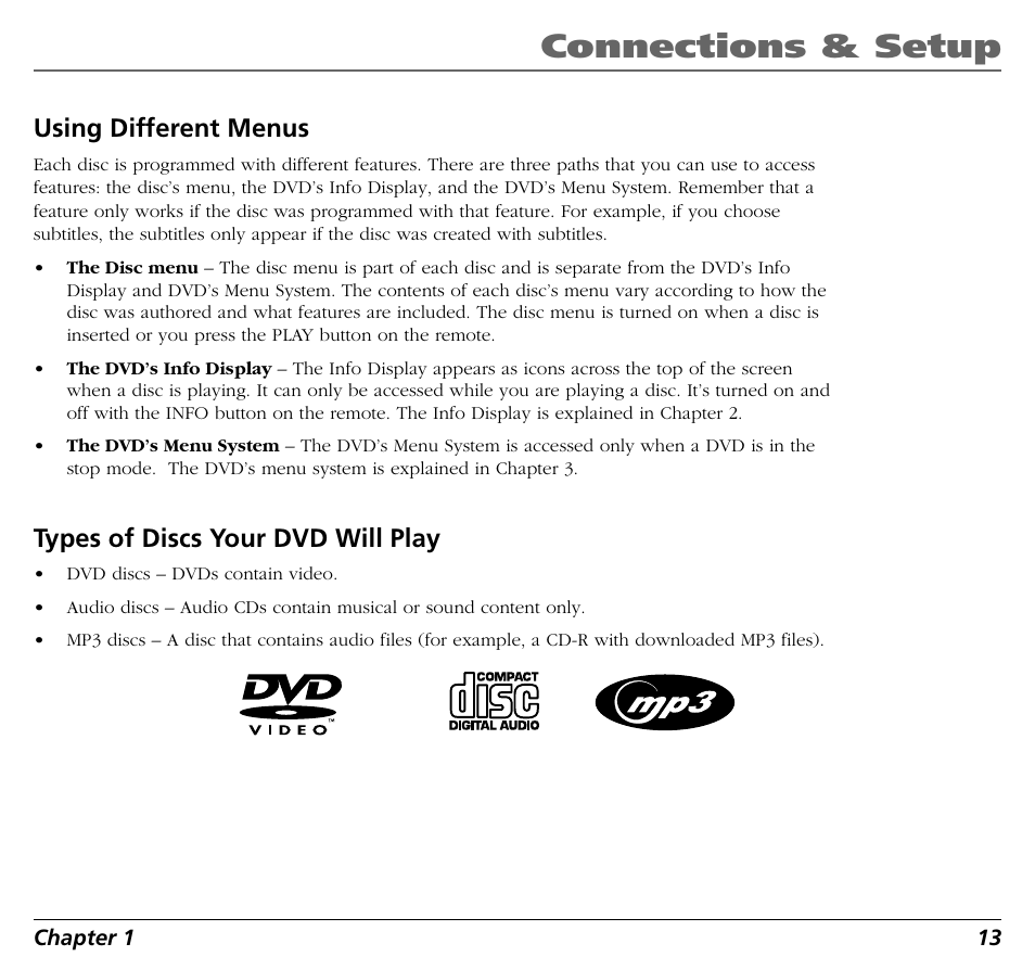 Connections & setup, Using different menus, Types of discs your dvd will play | RCA BLD548 User Manual | Page 15 / 56
