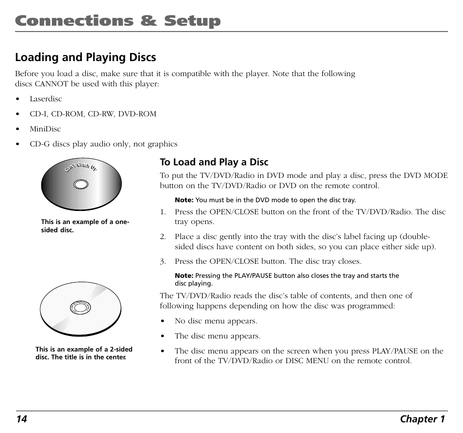 Connections & setup, Loading and playing discs, 14 chapter 1 | RCA BLD548 User Manual | Page 16 / 56